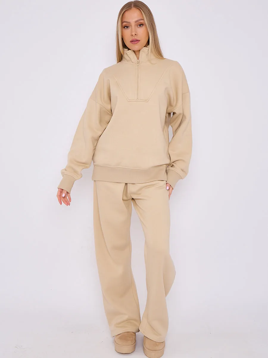 1/2 Zip Top And Wide Leg Fleece Lined Jogger Set