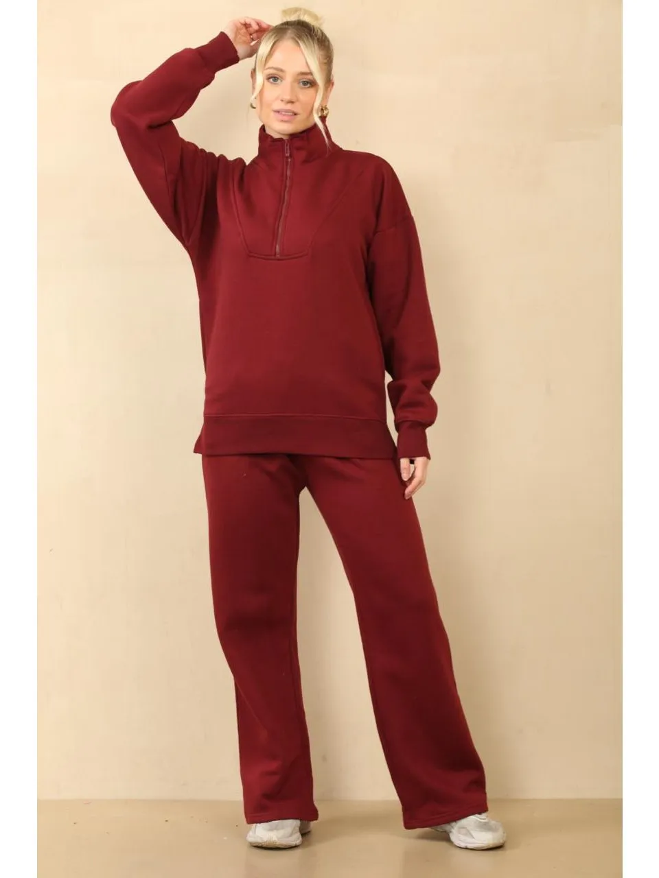 1/2 Zip Top And Wide Leg Fleece Lined Jogger Set