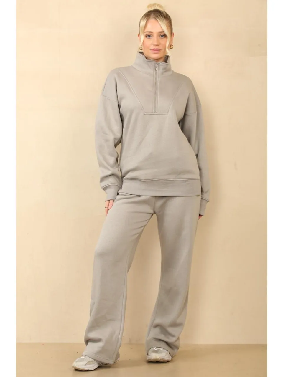 1/2 Zip Top And Wide Leg Fleece Lined Jogger Set