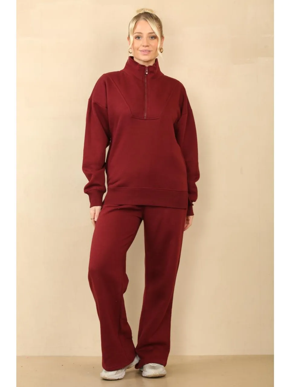 1/2 Zip Top And Wide Leg Fleece Lined Jogger Set
