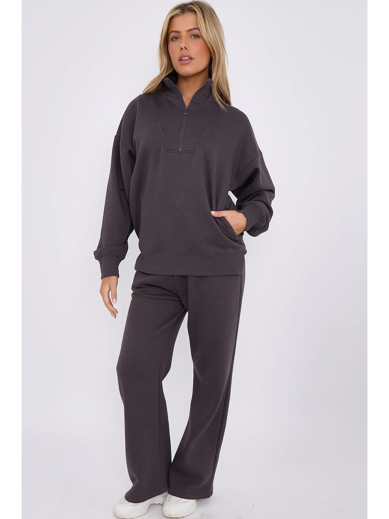 1/2 Zip Top And Wide Leg Fleece Lined Jogger Set