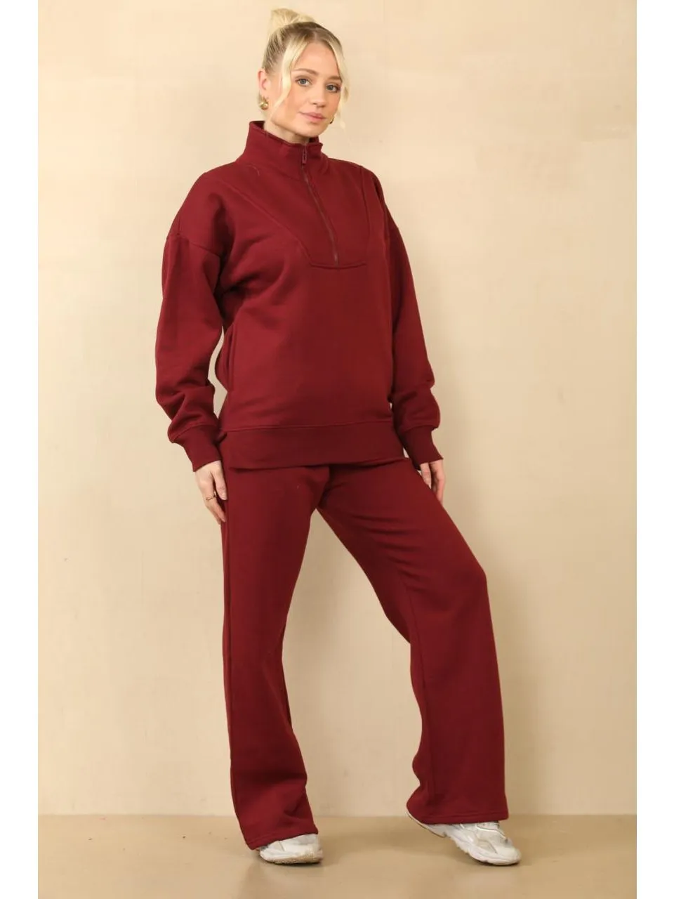 1/2 Zip Top And Wide Leg Fleece Lined Jogger Set