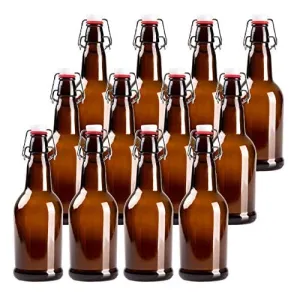 16oz Amber Glass Beer Bottles for Home Brewing - 12 Pack with Flip Caps