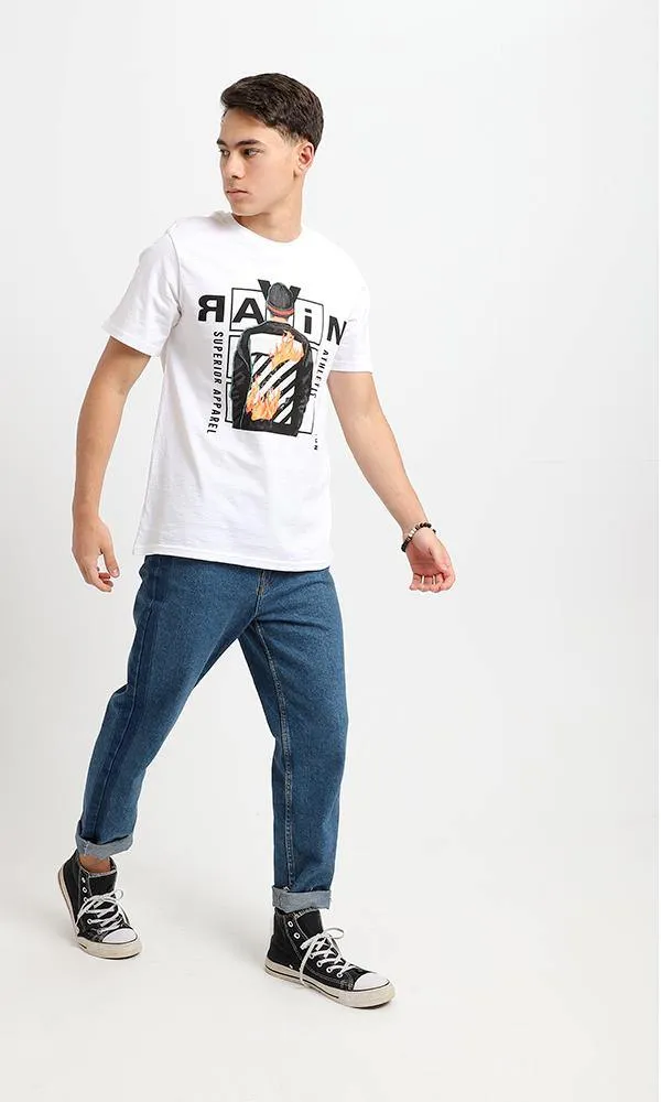 95193 Short Sleeves White Printed Round Neck Tee