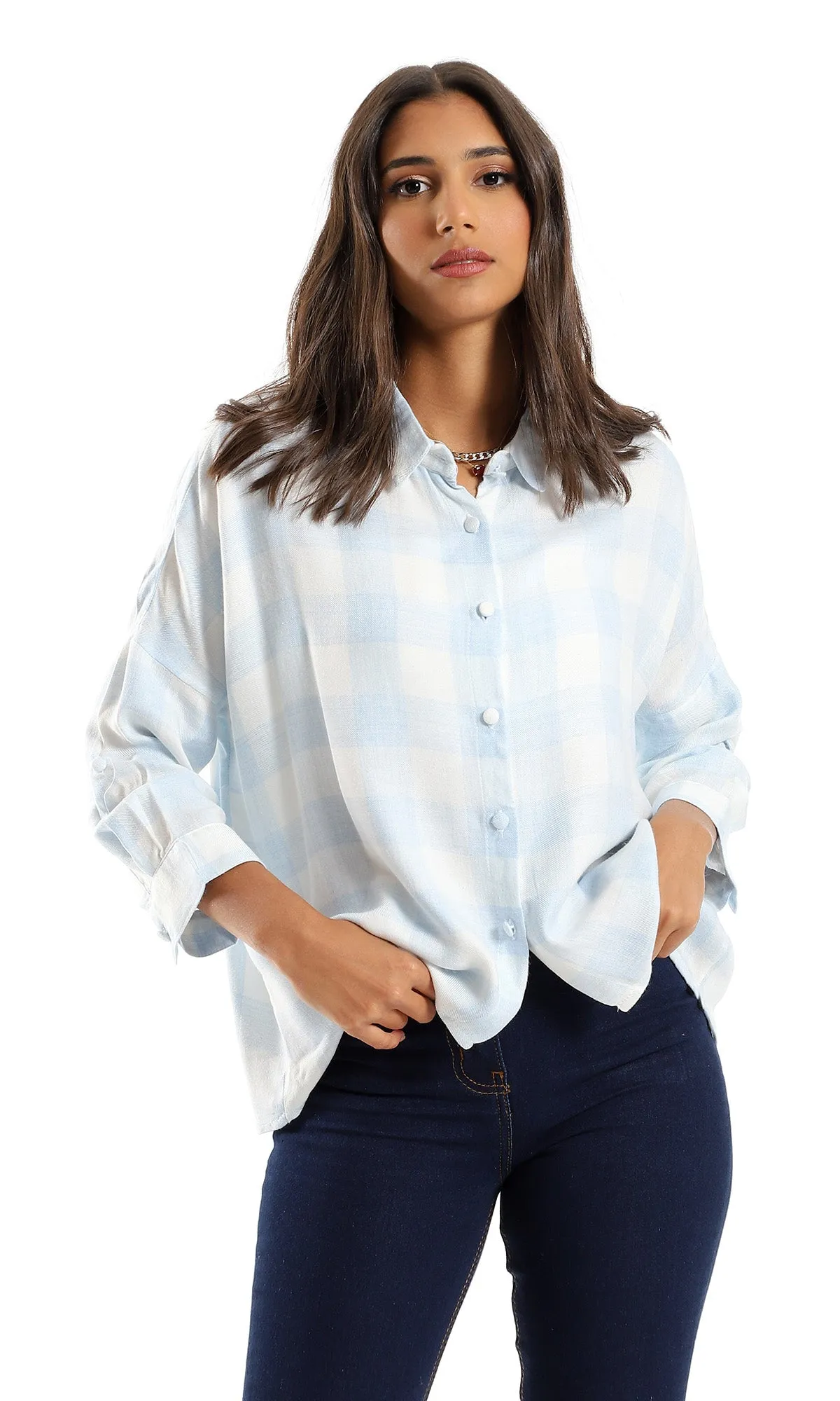 97309 Plaids Rayon Full Buttoned Shirt - White & Baby Blue