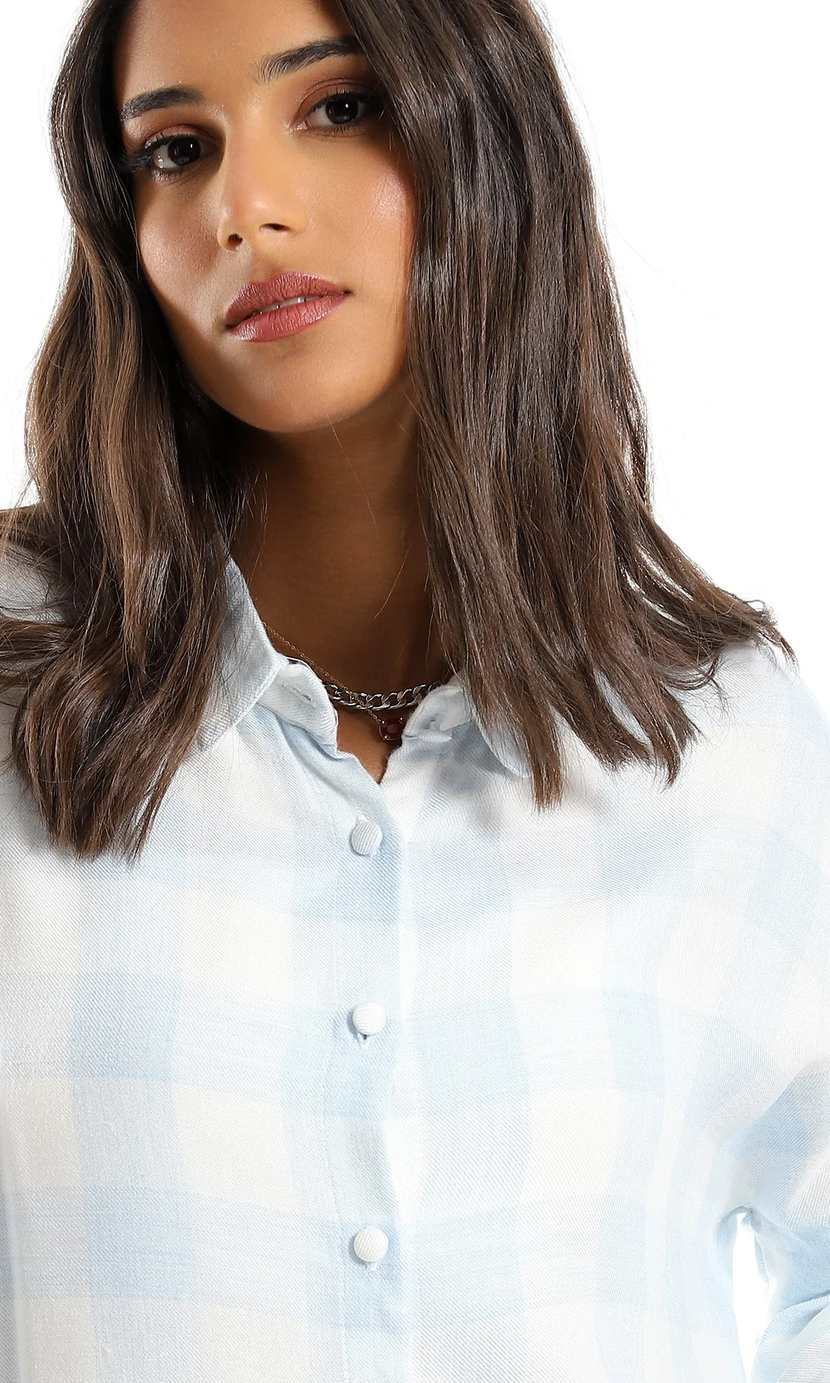 97309 Plaids Rayon Full Buttoned Shirt - White & Baby Blue