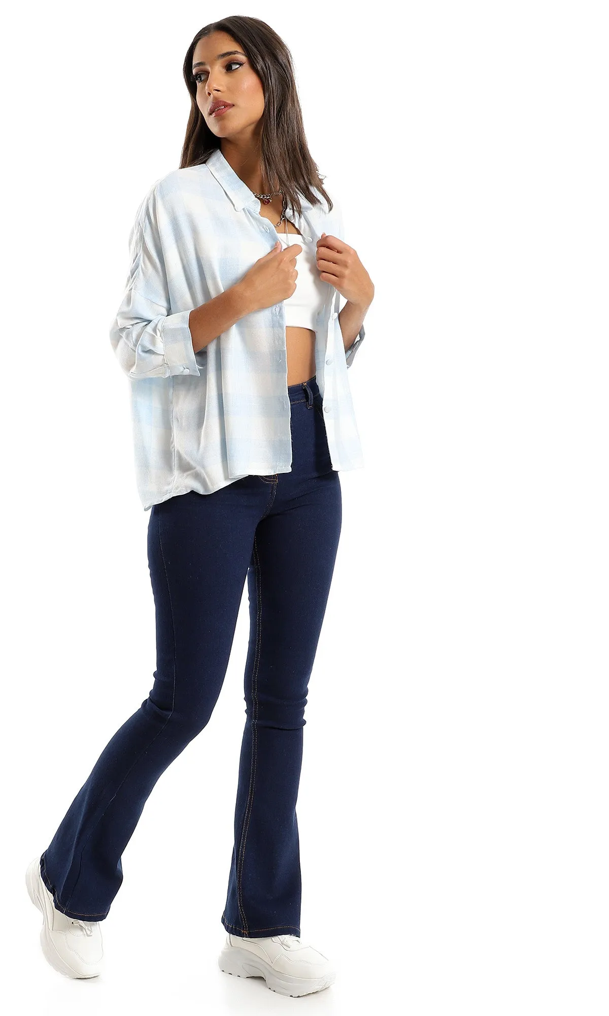 97309 Plaids Rayon Full Buttoned Shirt - White & Baby Blue
