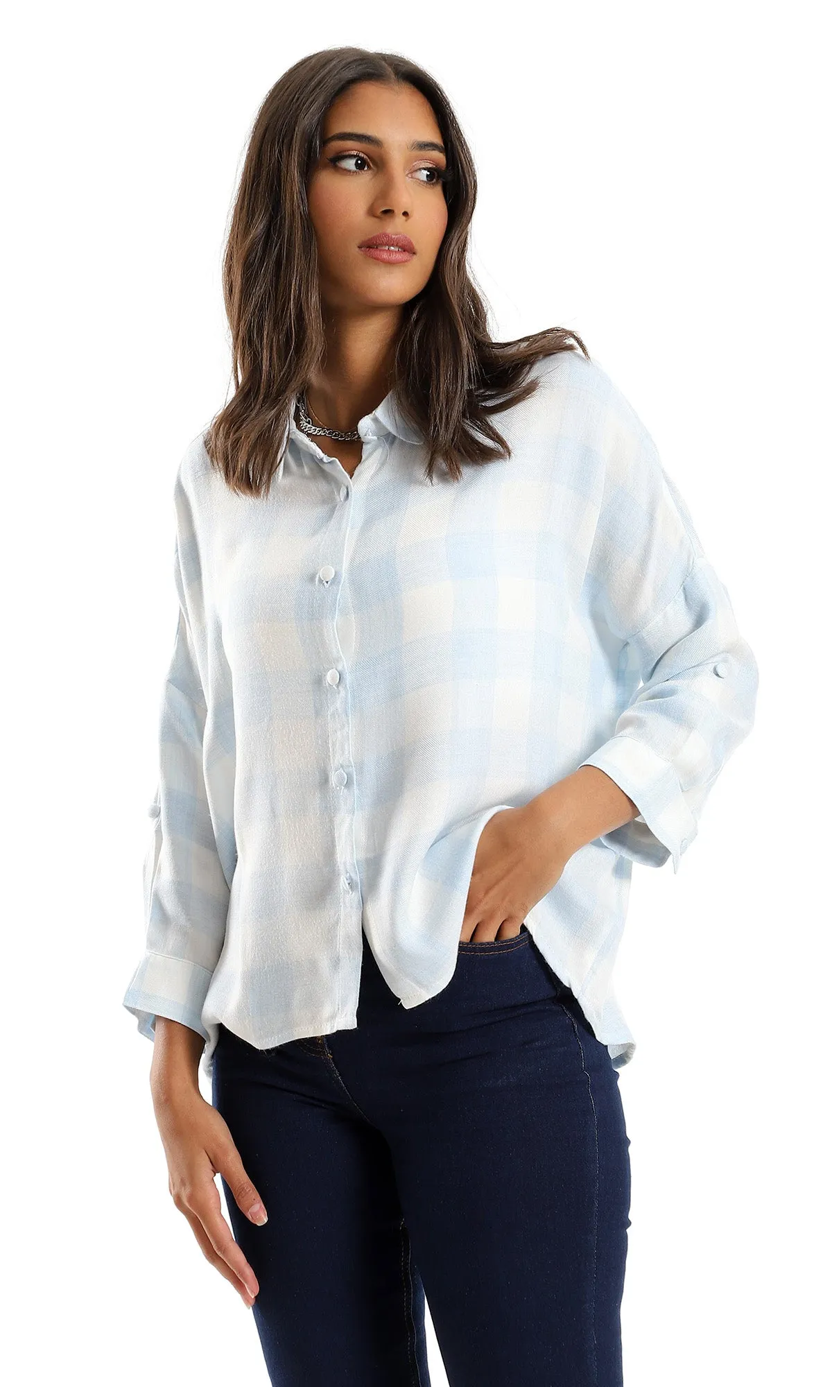 97309 Plaids Rayon Full Buttoned Shirt - White & Baby Blue
