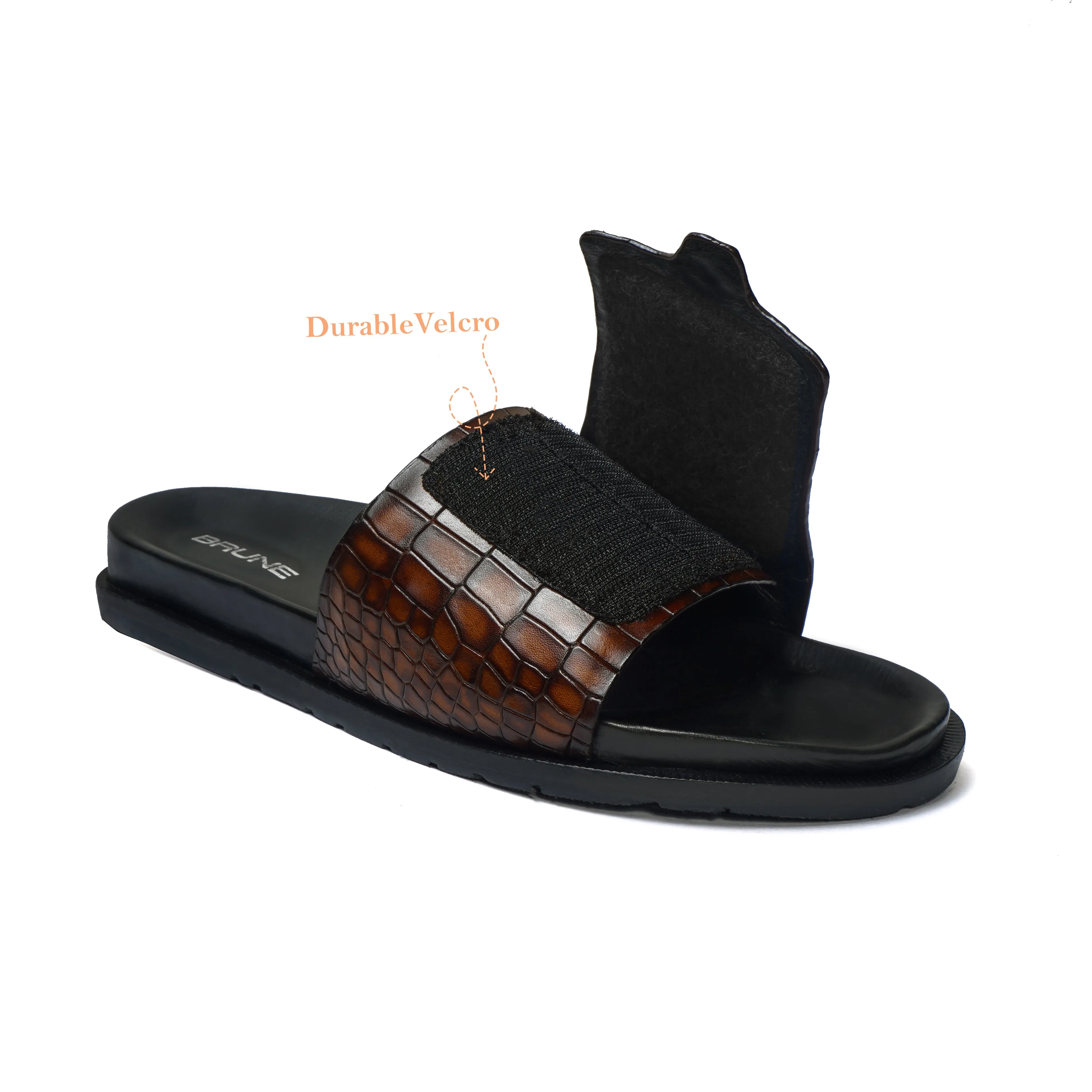 Adjustable Strap Flip-Flop Slipper in Tan Leather