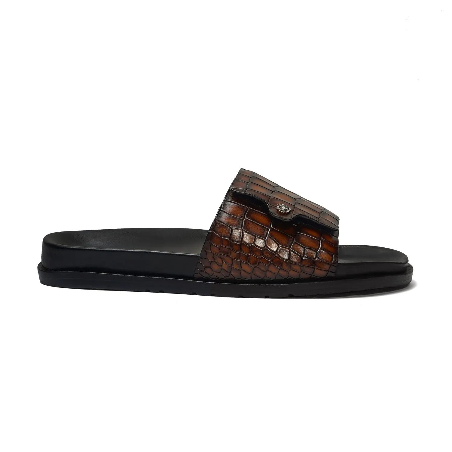 Adjustable Strap Flip-Flop Slipper in Tan Leather