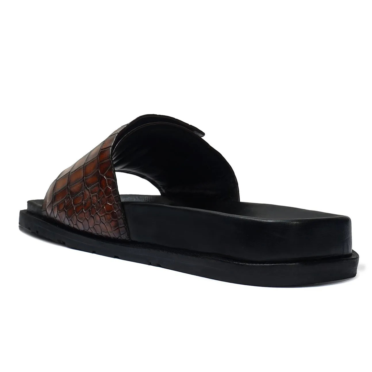 Adjustable Strap Flip-Flop Slipper in Tan Leather