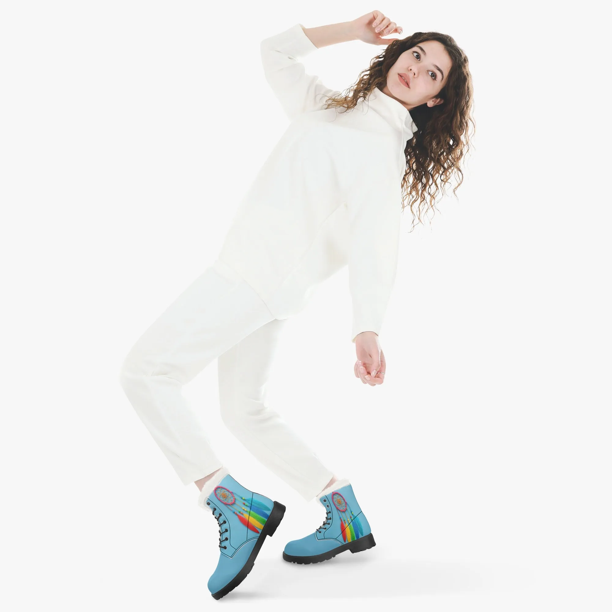 Blue Dream Catcher Faux Fur Leather Boots