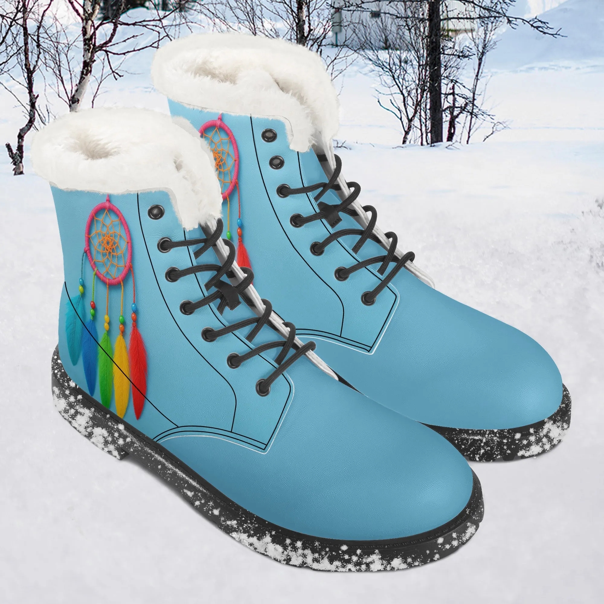 Blue Dream Catcher Faux Fur Leather Boots