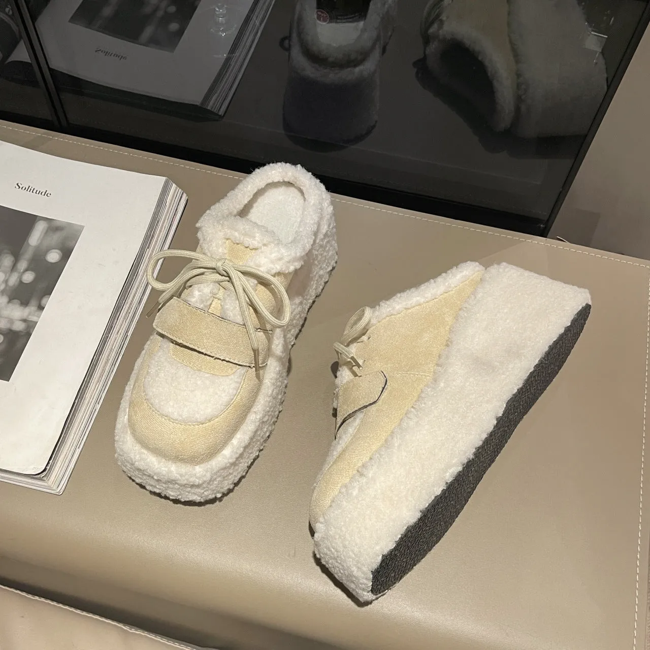 Cozy Fleece Platform Sneakers with Lace-Up Design
