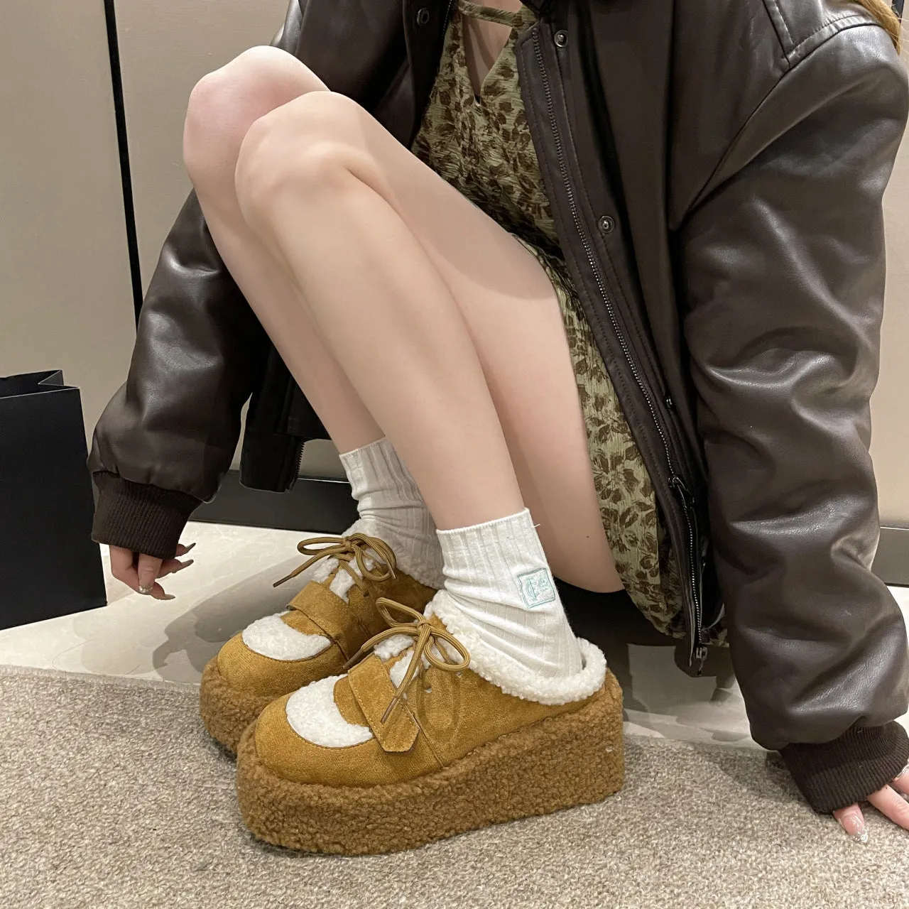 Cozy Fleece Platform Sneakers with Lace-Up Design