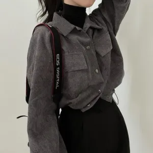 Cropped Corduroy Blouse – Vintage Oversized Button-Up Shirt From Kawaii Stop