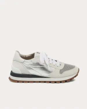 Embellished suede-trimmed White Low Top Sneakers