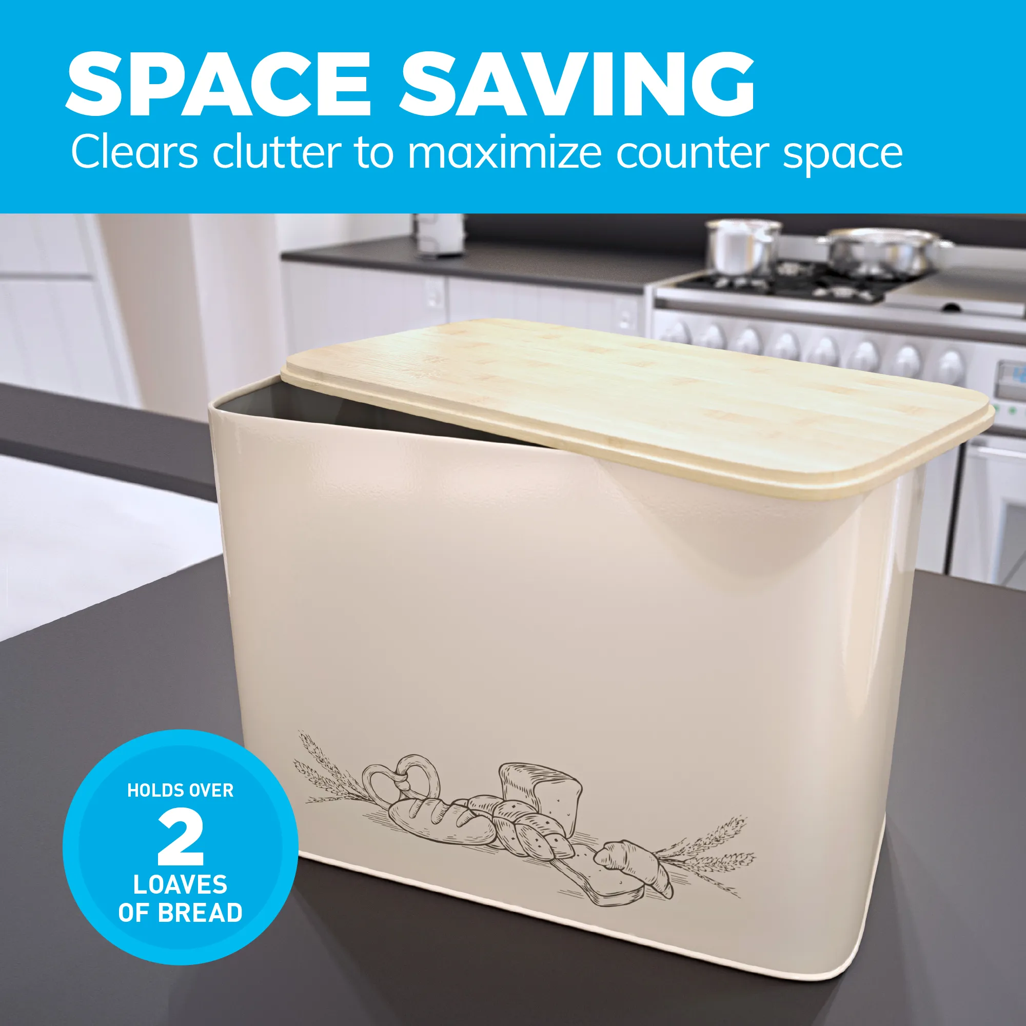 Extra Large Space Saving Vertical Cream White Bread Bin with Eco Bamboo Cutting Board Lid - Holds 2 Loaves - White Extra Large Farmhouse Bread Bins by Cooler Kitchen