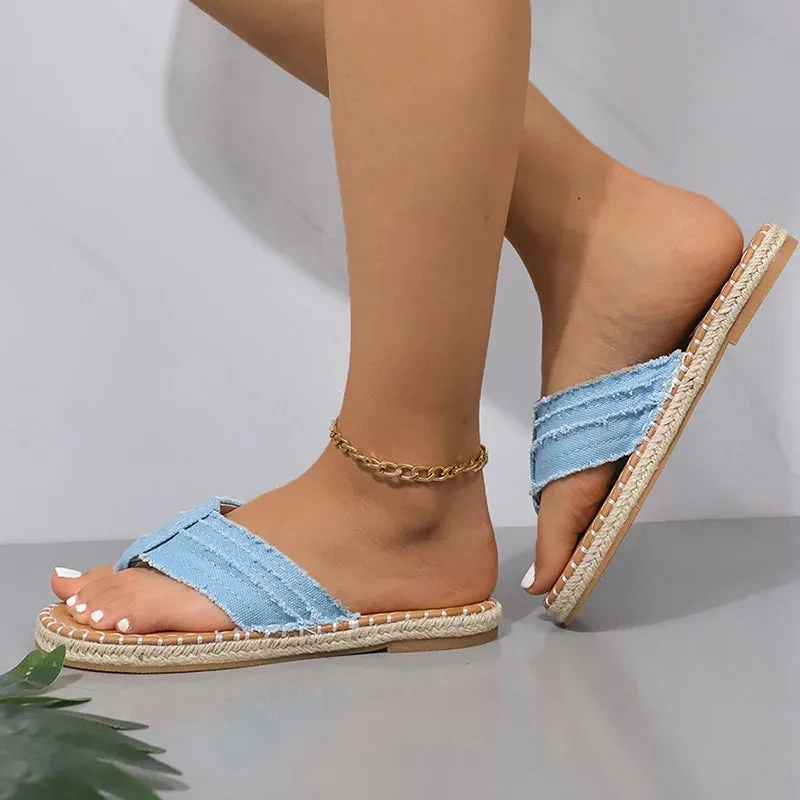 Hnzxzm Lightweight Women's Beach Flip Flops 2024 Summer Outdoor Clip Toe Canvas Slippers Women Casual Non-Slip Flat Heels Slides Woman