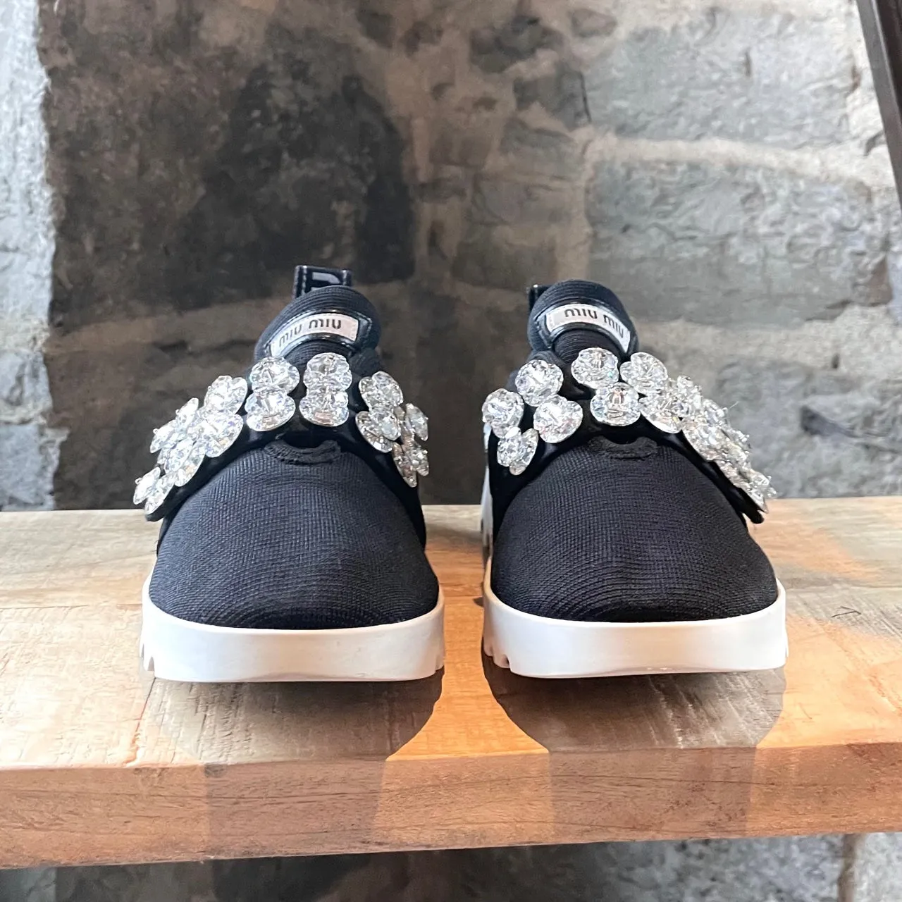Miu Miu Black Crystal Embellished Strapped Sneakers