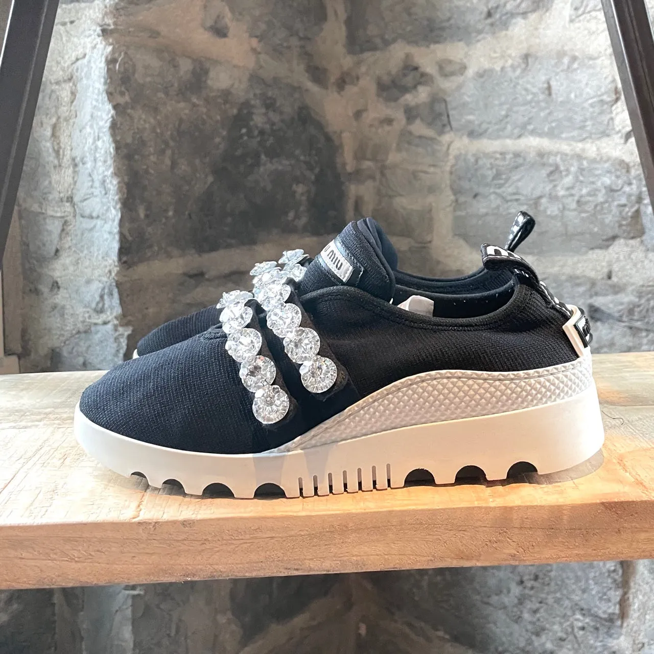 Miu Miu Black Crystal Embellished Strapped Sneakers