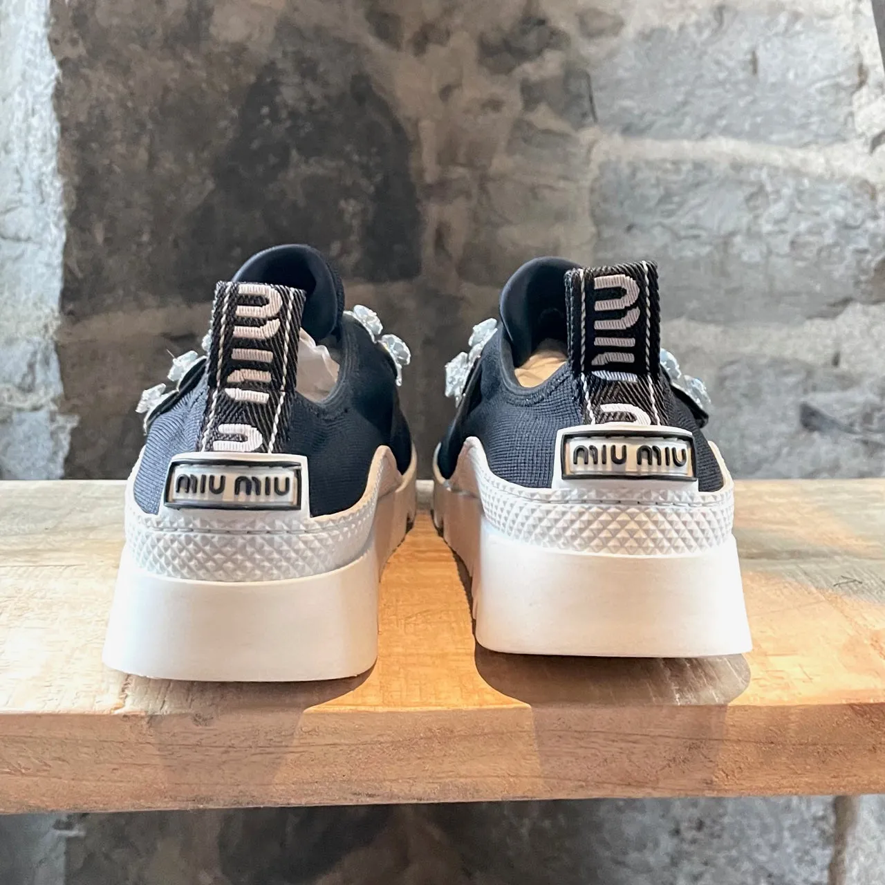 Miu Miu Black Crystal Embellished Strapped Sneakers