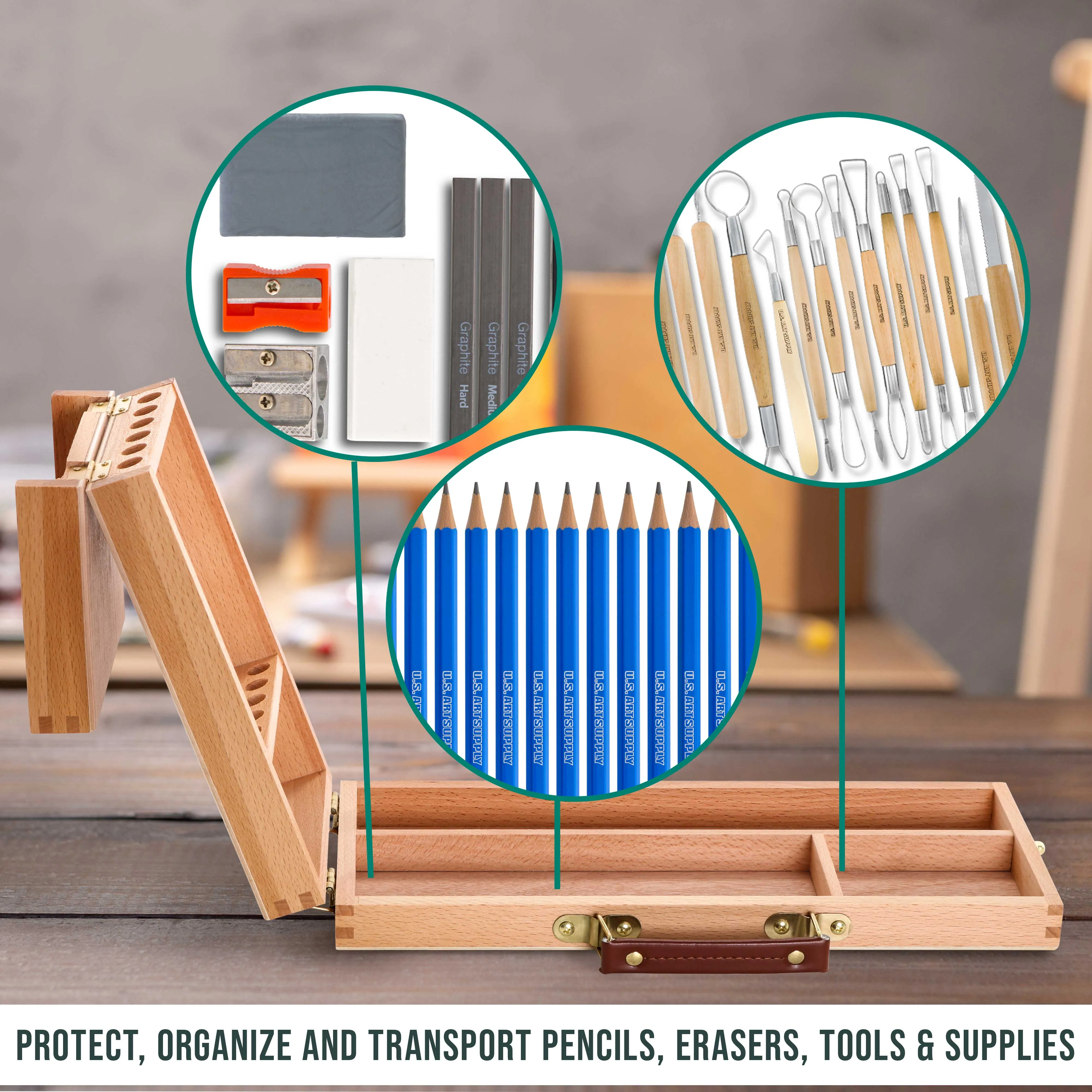 Multi-Function Unfinished Beechwood Flip Opening Artist Tool and Brush Storage Box with Locking Clasps - Protect and Organize and Transport Pencils, Erasers, Tools & Supplies