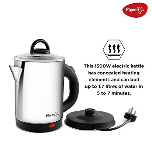 Pigeon by Stovekraft Quartz Kettle with Stainless Steel Body, 1.7 litres with 1500 Watt, boiler for Water, milk, tea, coffee, instant noodles, soup etc