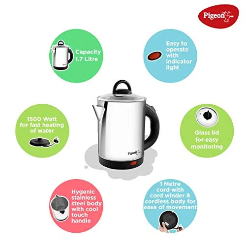 Pigeon by Stovekraft Quartz Kettle with Stainless Steel Body, 1.7 litres with 1500 Watt, boiler for Water, milk, tea, coffee, instant noodles, soup etc