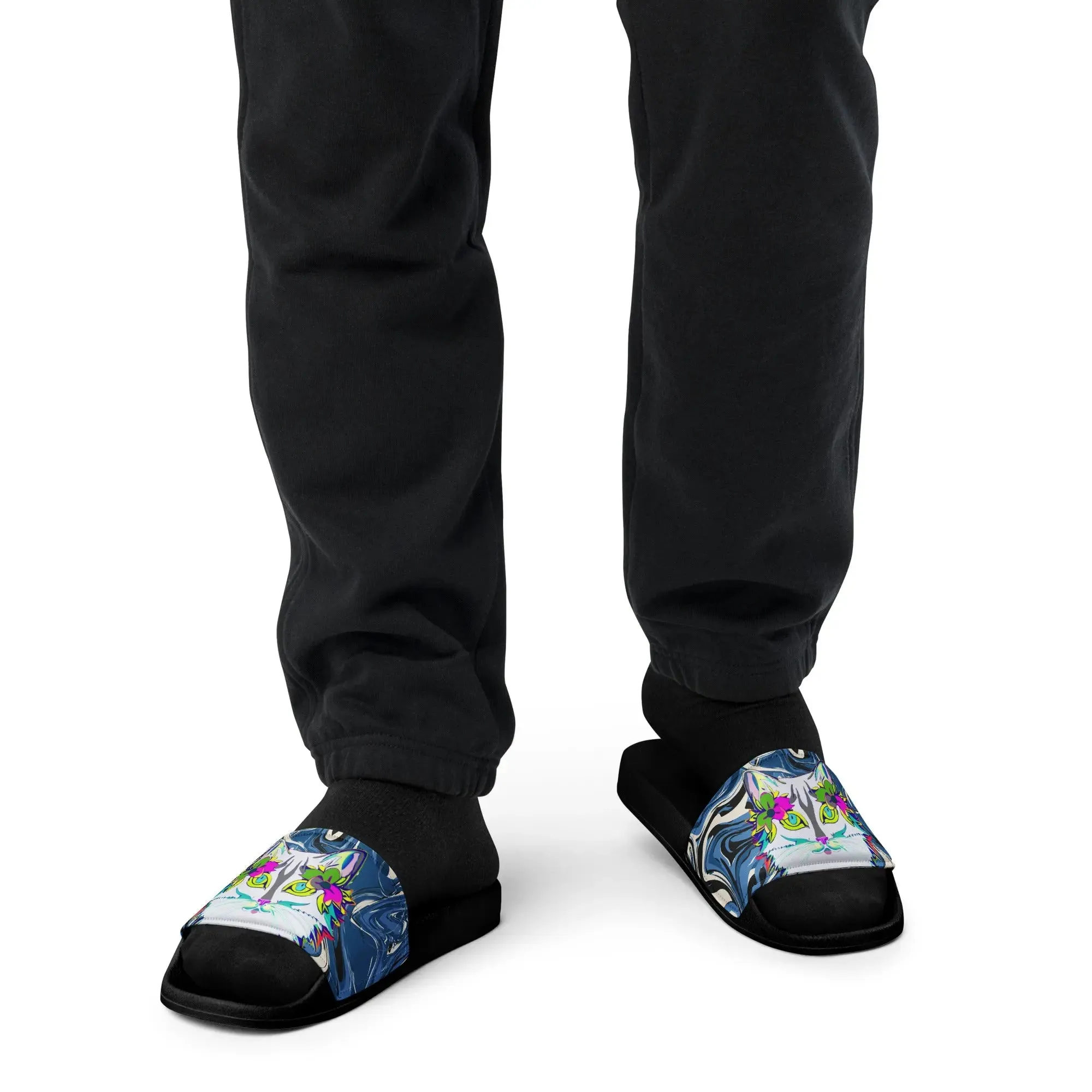 "Sonya My Beautiful Cat" Collection - White Cat Print Men’s Slides