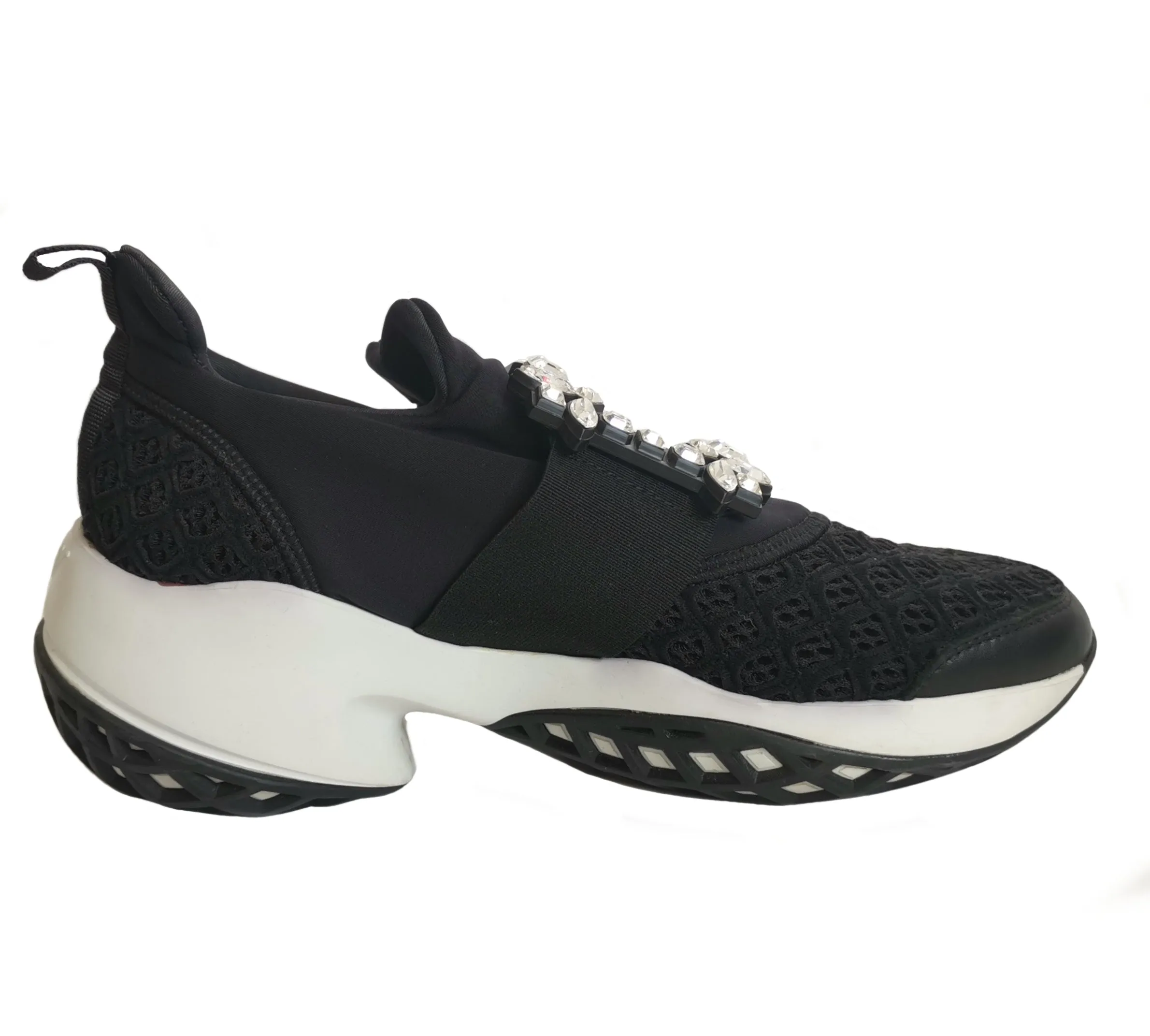 ROGER VIVIER BLACK VIV RUN STRASS LACE CRYSTAL BUCKLE SNEAKERS (39)