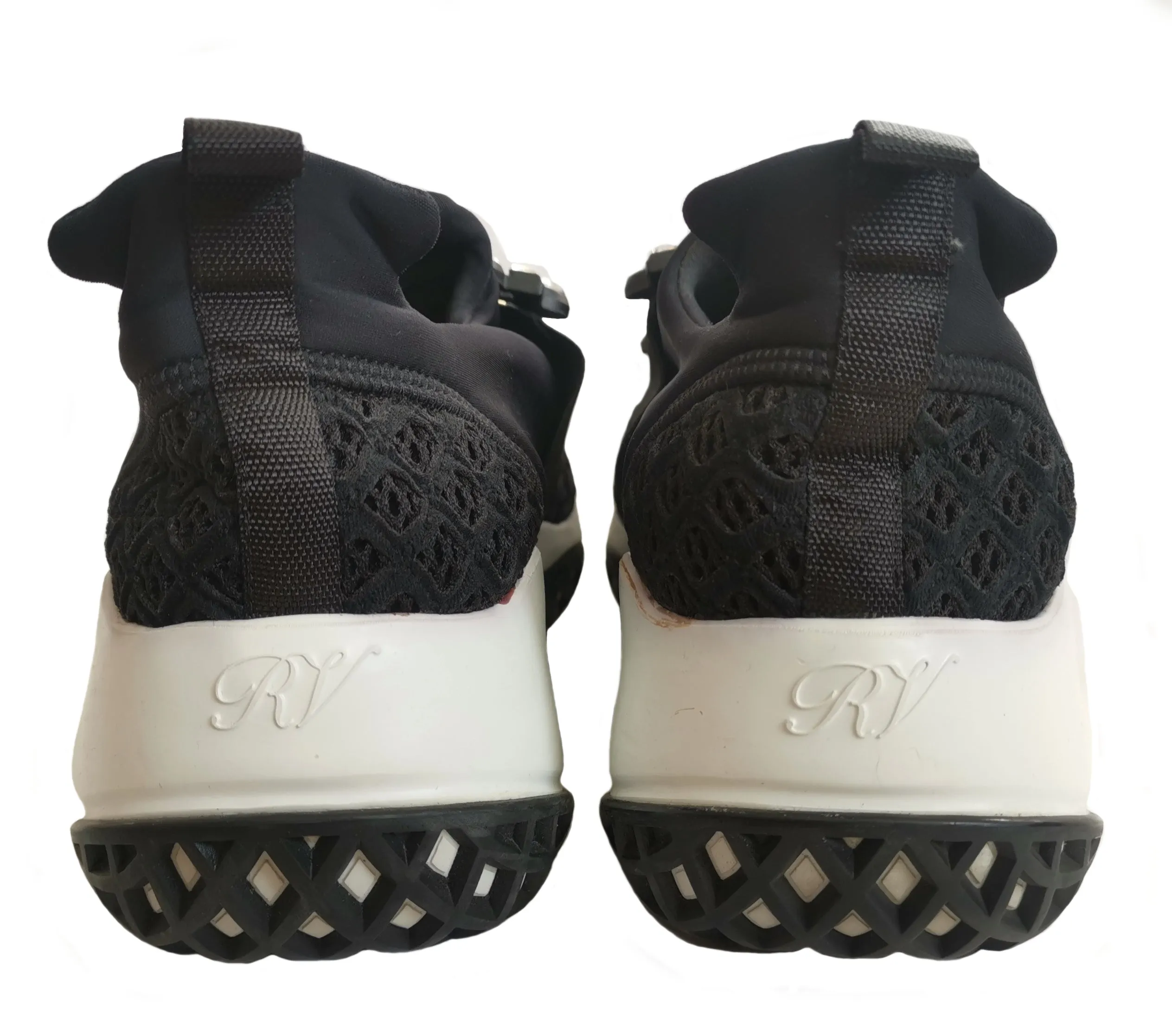 ROGER VIVIER BLACK VIV RUN STRASS LACE CRYSTAL BUCKLE SNEAKERS (39)