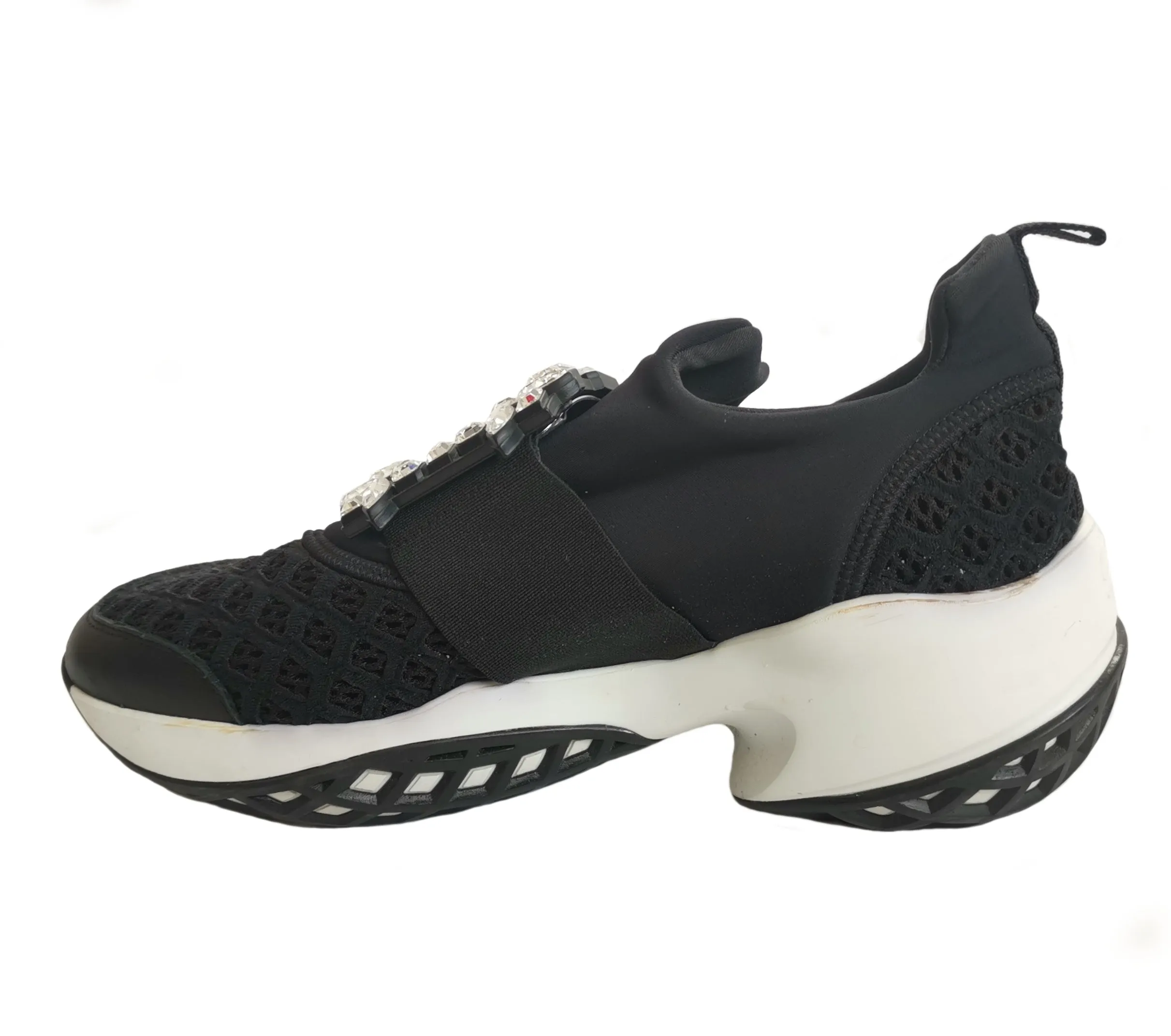 ROGER VIVIER BLACK VIV RUN STRASS LACE CRYSTAL BUCKLE SNEAKERS (39)
