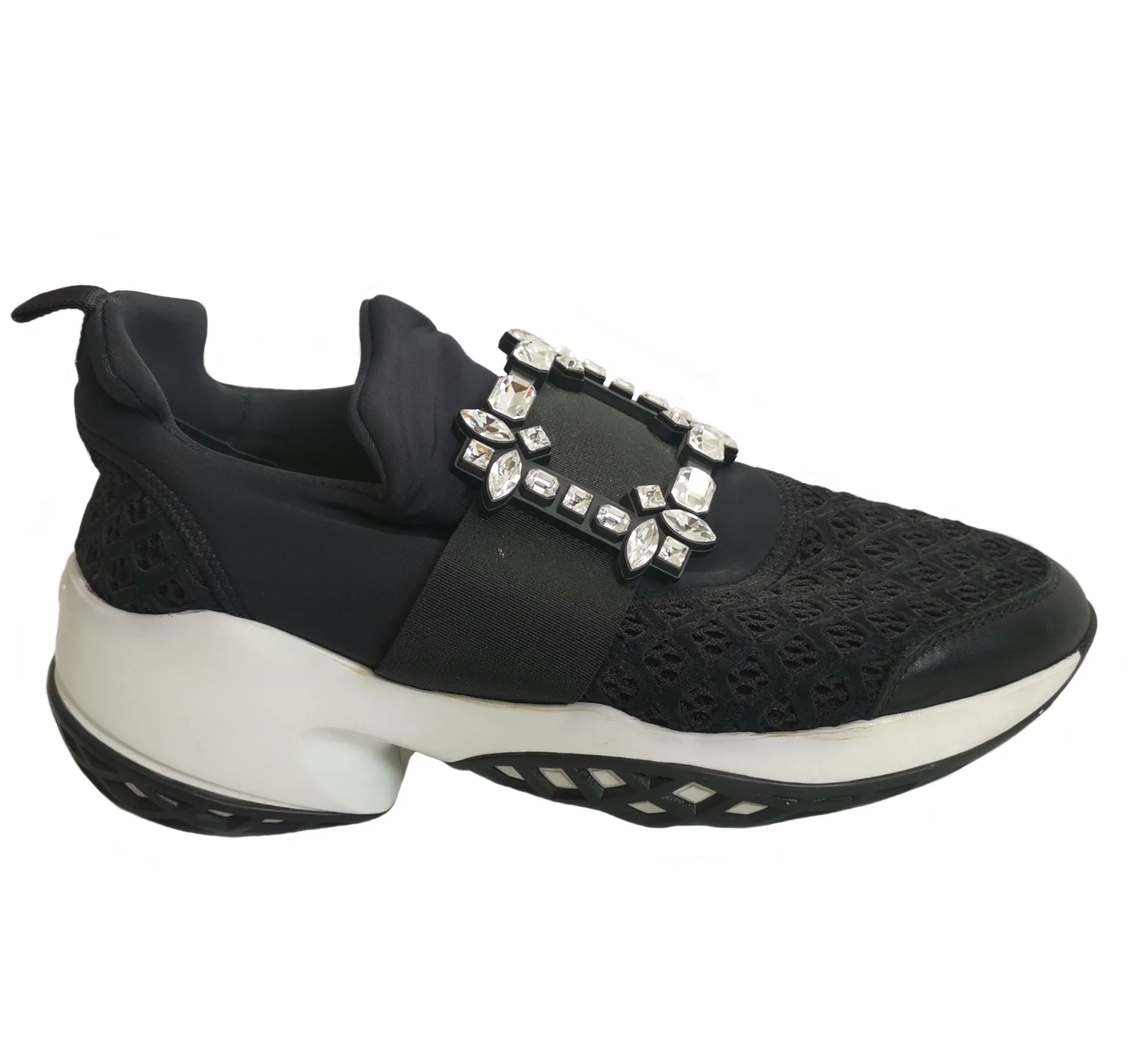 ROGER VIVIER BLACK VIV RUN STRASS LACE CRYSTAL BUCKLE SNEAKERS (39)