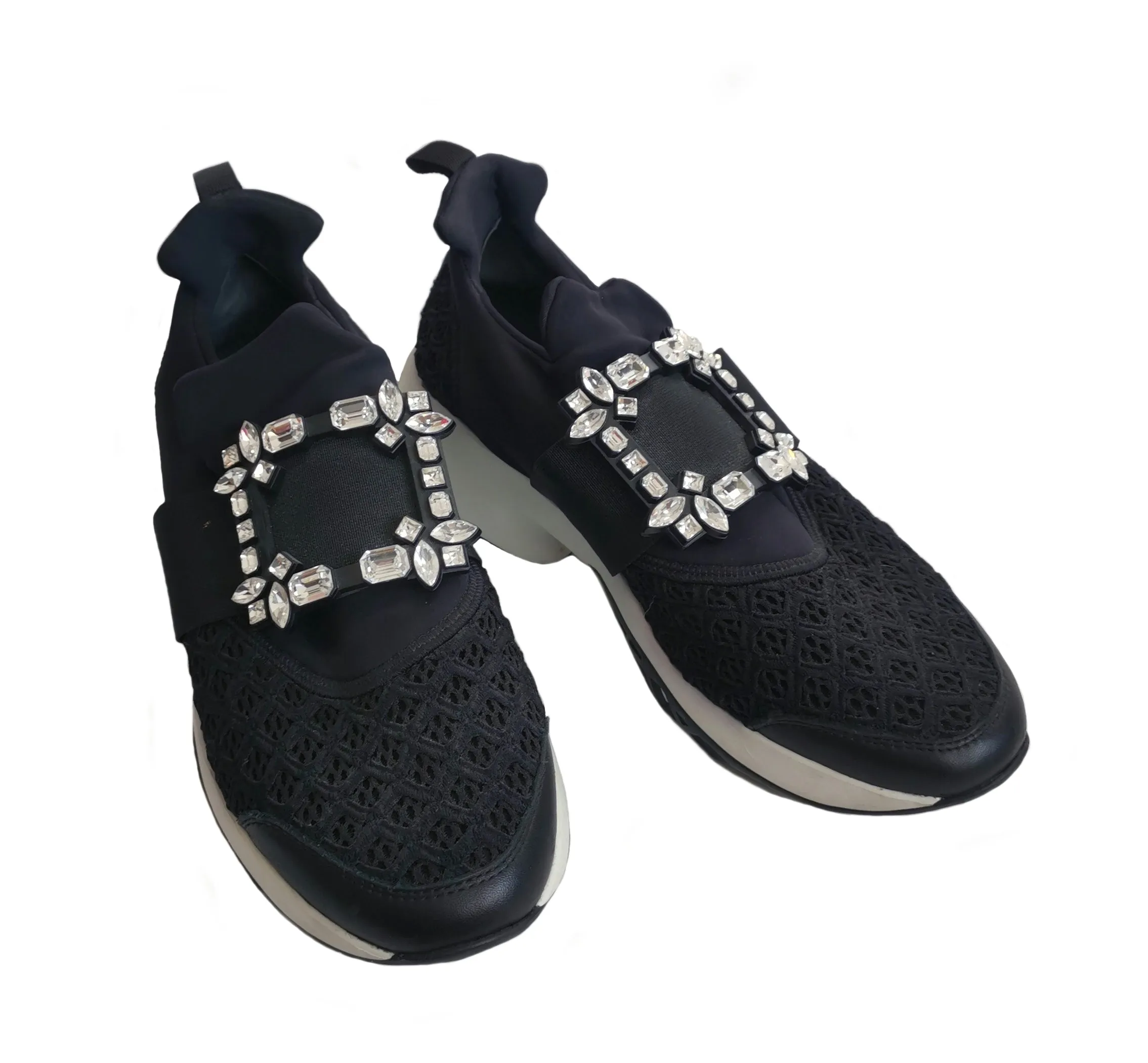 ROGER VIVIER BLACK VIV RUN STRASS LACE CRYSTAL BUCKLE SNEAKERS (39)