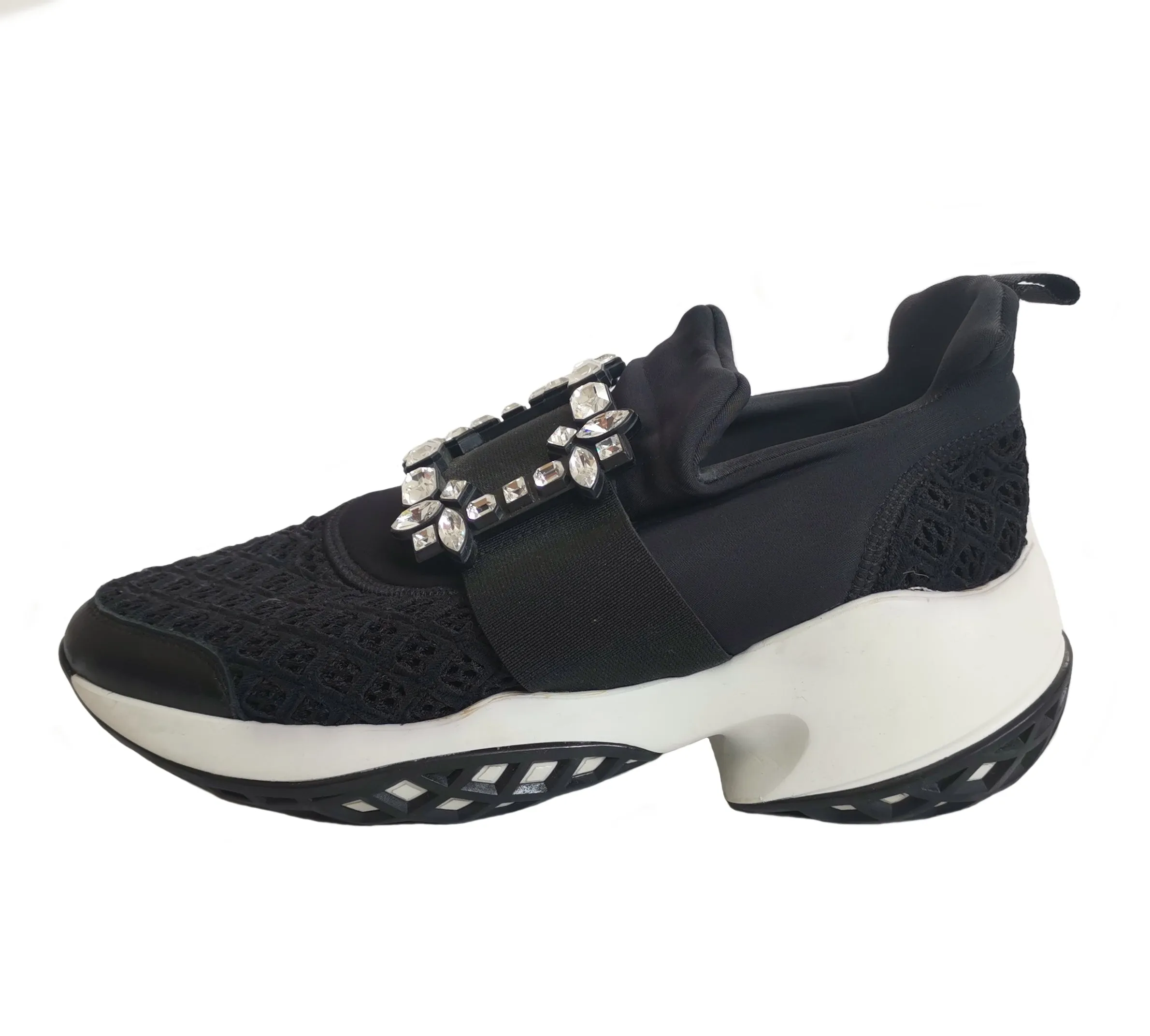 ROGER VIVIER BLACK VIV RUN STRASS LACE CRYSTAL BUCKLE SNEAKERS (39)