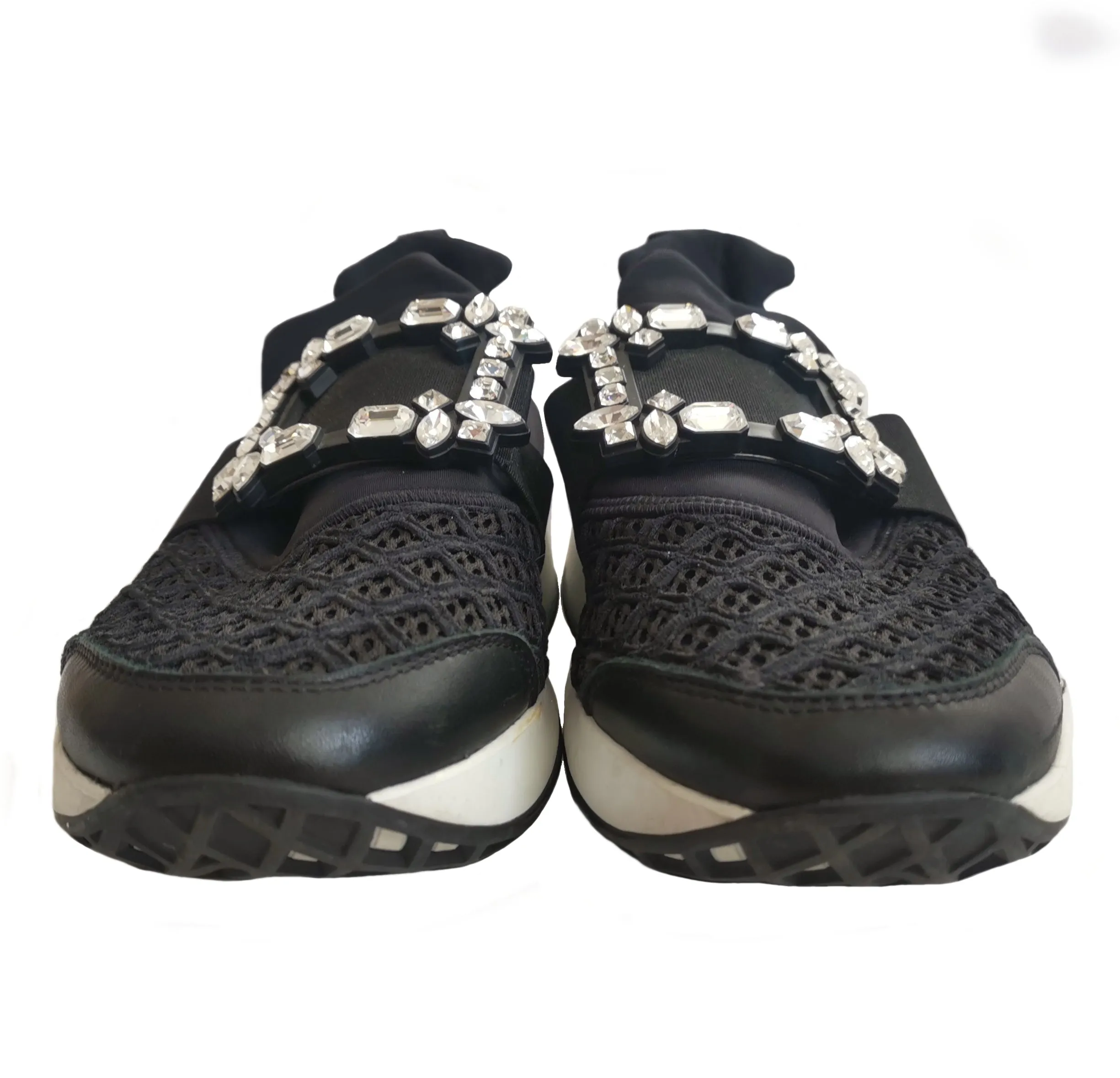 ROGER VIVIER BLACK VIV RUN STRASS LACE CRYSTAL BUCKLE SNEAKERS (39)