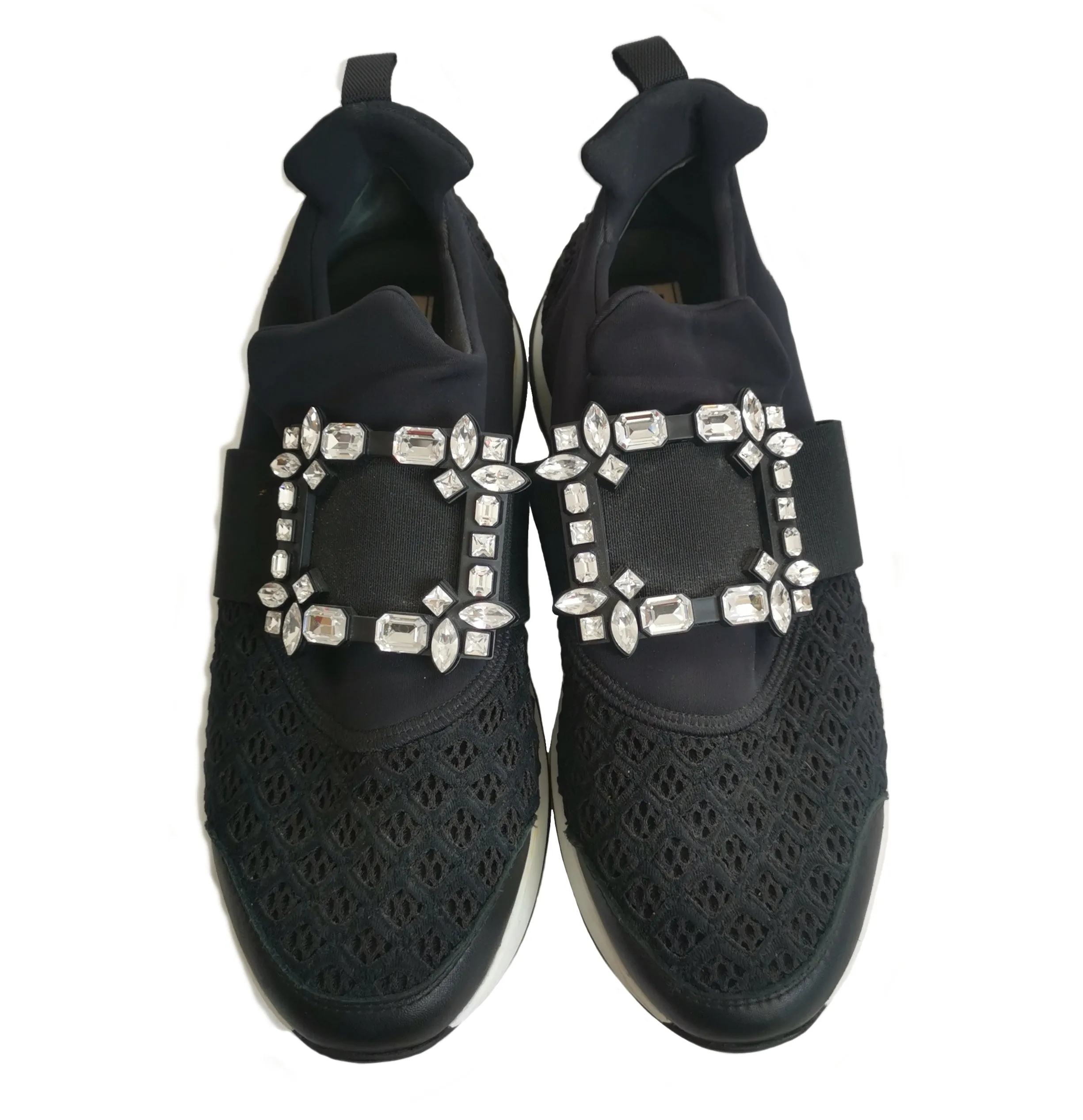 ROGER VIVIER BLACK VIV RUN STRASS LACE CRYSTAL BUCKLE SNEAKERS (39)