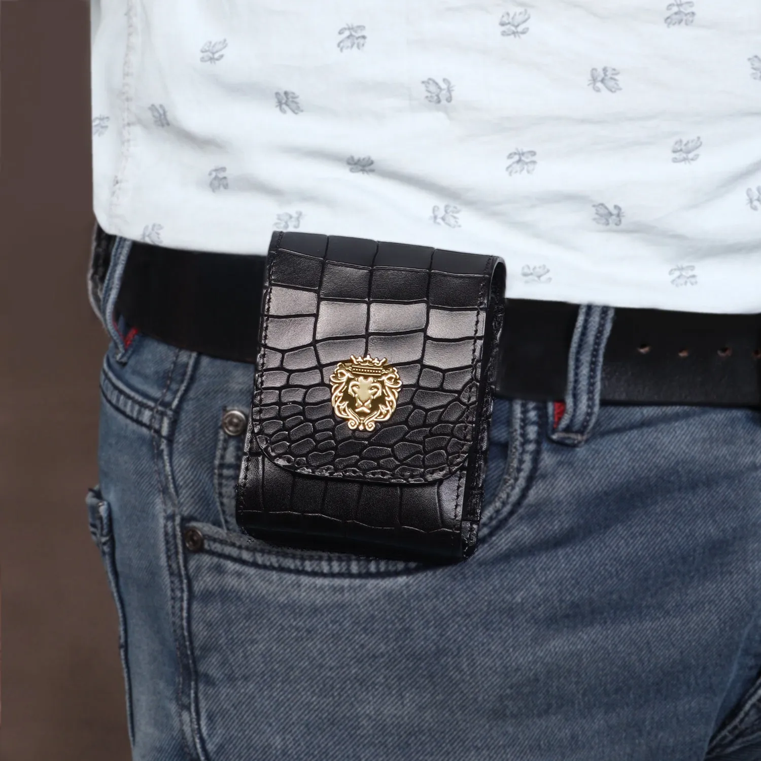 Samsung Galaxy Z Flip-3 Flap-Over Mobile Cover Black Croco Textured Leather With Holding Belt Loop by Brune & Bareskin
