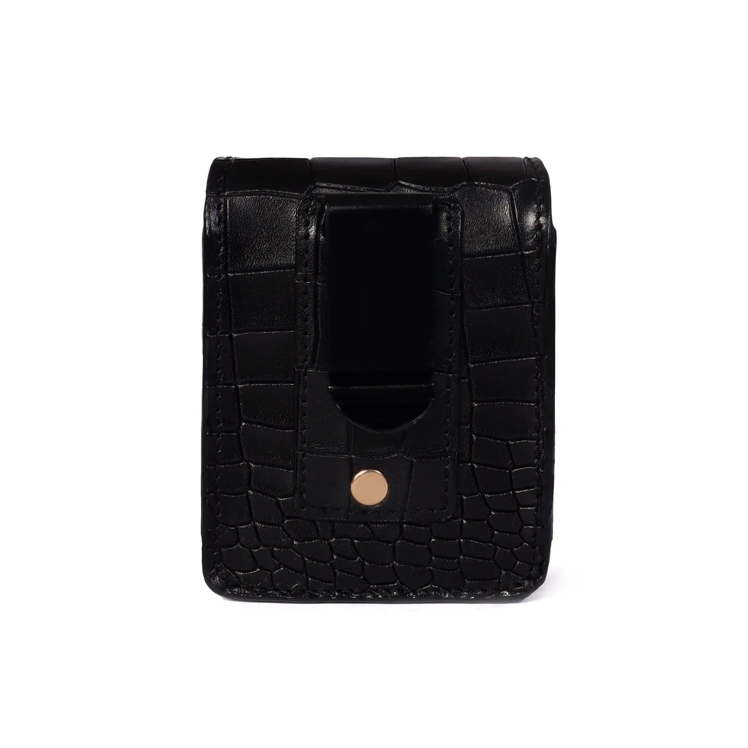 Samsung Galaxy Z Flip-3 Flap-Over Mobile Cover Black Croco Textured Leather With Holding Belt Loop by Brune & Bareskin