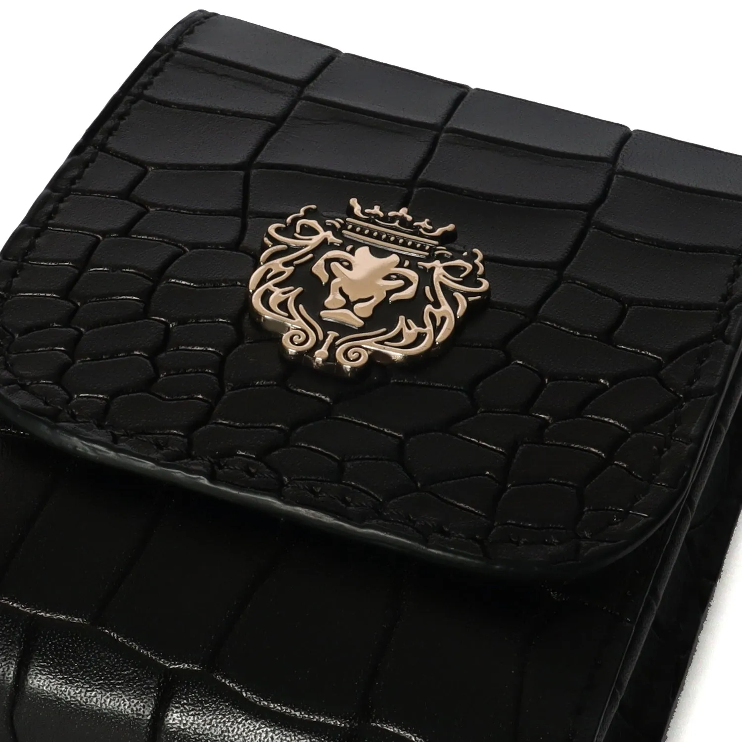 Samsung Galaxy Z Flip-3 Flap-Over Mobile Cover Black Croco Textured Leather With Holding Belt Loop by Brune & Bareskin