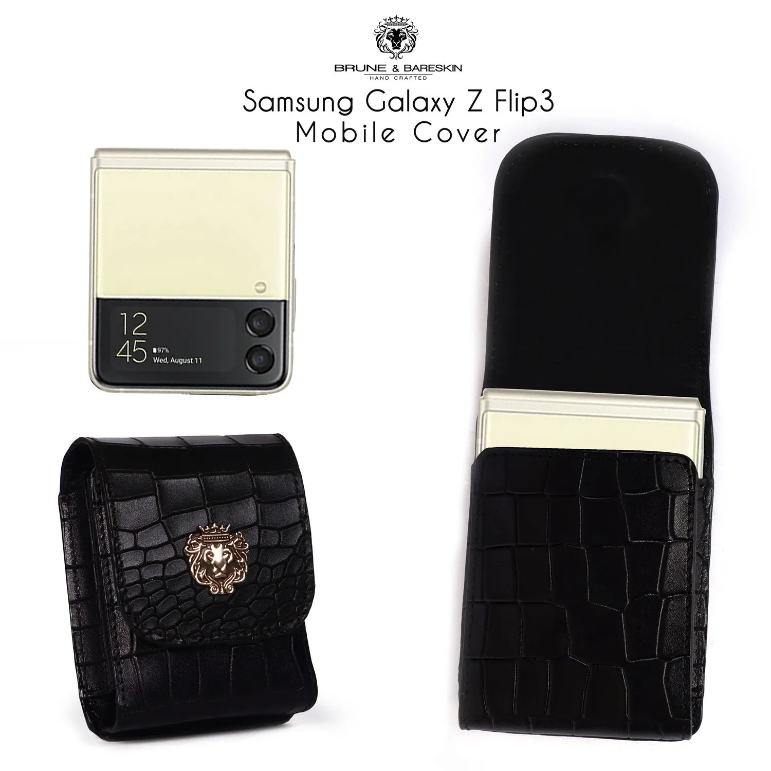 Samsung Galaxy Z Flip-3 Flap-Over Mobile Cover Black Croco Textured Leather With Holding Belt Loop by Brune & Bareskin