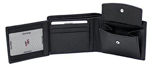 STARHIDE Mens RFID Blocking Trifold Calf Leather Coin Pocket Wallet 1217 Black
