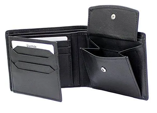 STARHIDE Mens RFID Blocking Trifold Calf Leather Coin Pocket Wallet 1217 Black