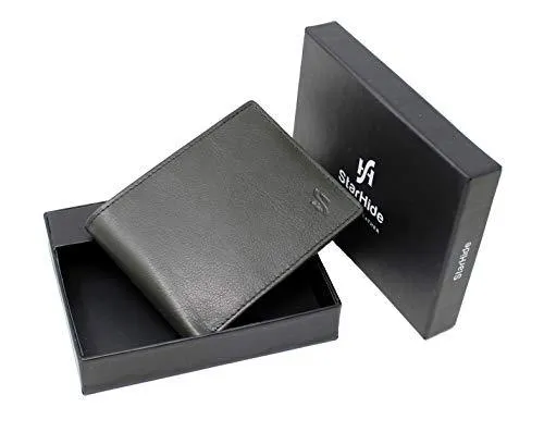 STARHIDE Mens RFID Blocking Trifold Calf Leather Coin Pocket Wallet 1217 Black