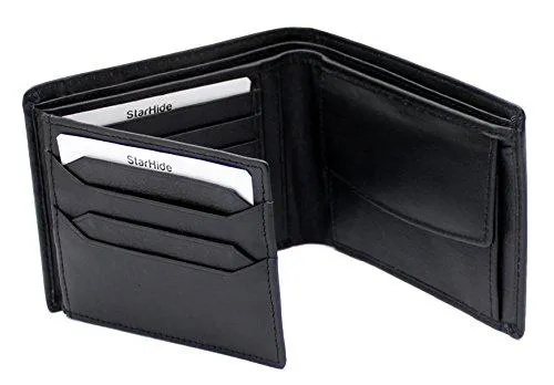 STARHIDE Mens RFID Blocking Trifold Calf Leather Coin Pocket Wallet 1217 Black