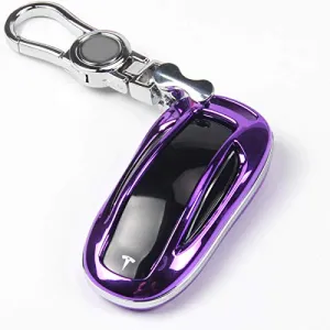 Tesla Model X Key Fob Case, Premium TPU Remote Control Smart Key Fob Holder Key case Flip Key Protection with Key Chain (Purple)