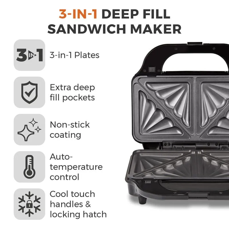 Tower Deep Fill Sandwich Maker 3in1  - Stainless Steel