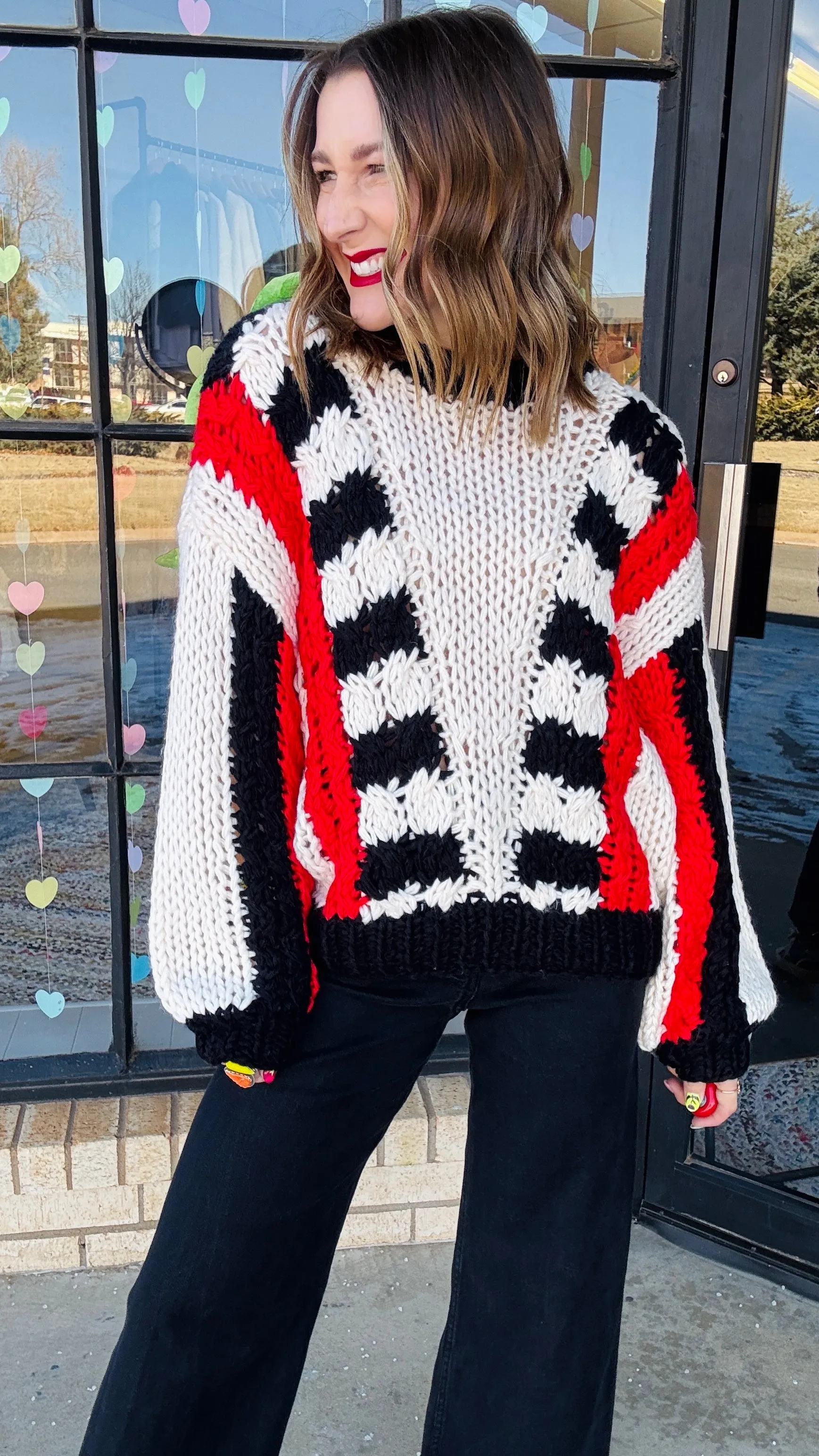 Tyra Chunky Knit Striped Sweater - Red & Black