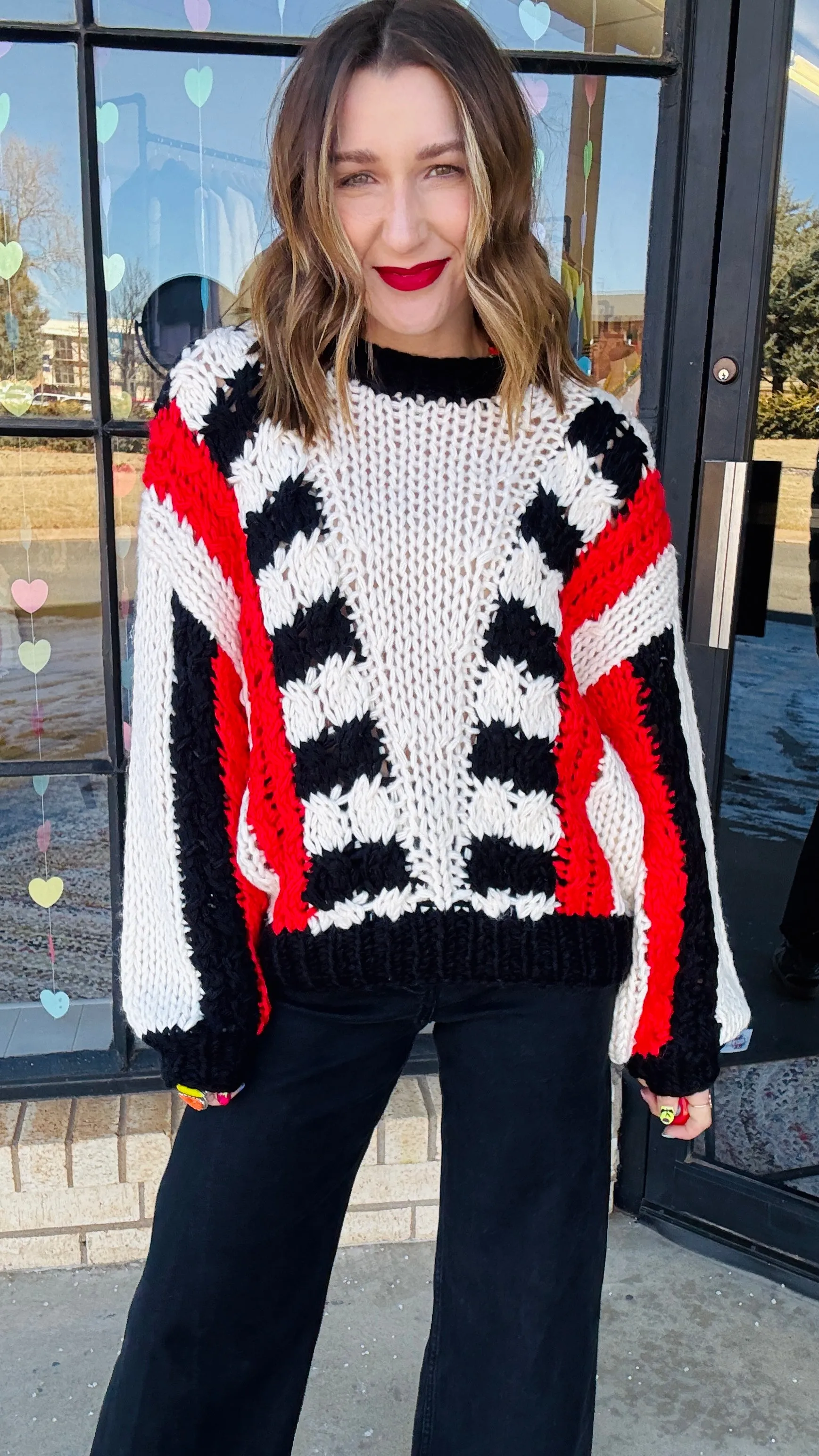 Tyra Chunky Knit Striped Sweater - Red & Black